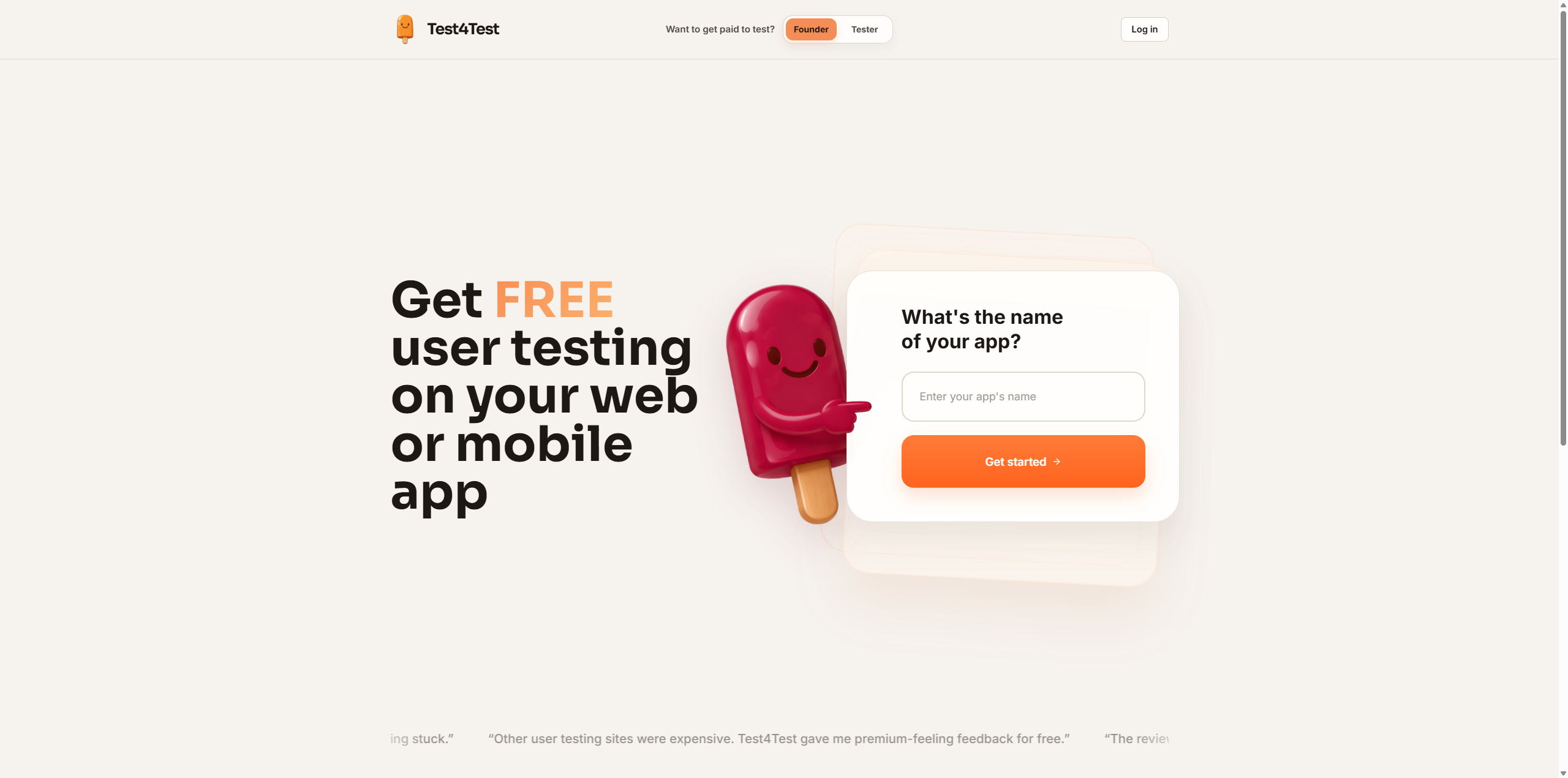 The Test4Test homepage showing a hero for free user testing on web or mobile apps.